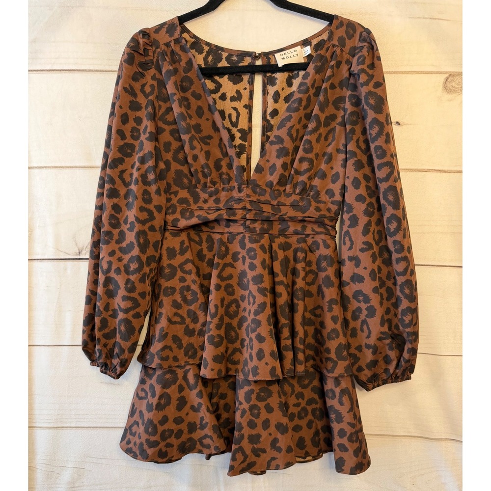 Hello‎ Molly Leopard Print Ruffle Tiered Mini Dress Long Sleeve V Neck S